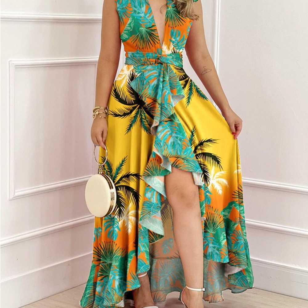 Tropical Yellow and Orange Maxi Dress